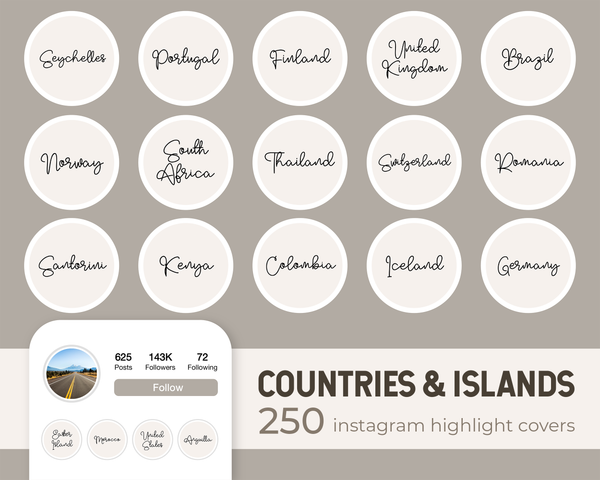 Instagram Story Highlights Covers, Line Art Travel Country Names, Lifestyle Blogger Icons, Minimal Hand Drawn IG Covers, Neutral Insta Stories