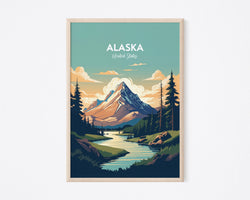 Alaska Travel Poster, Mountain Print, Mountains Wall Art, Alaska Print, Illustration Print, Vector Travel Print, Housewarming Gift, Wall Decor