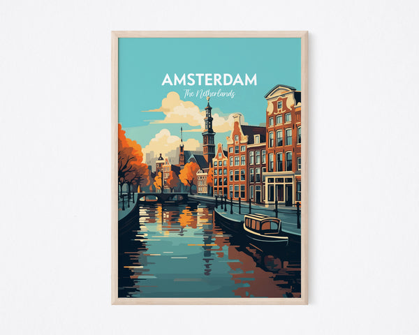 Amsterdam Travel Print, Amsterdam Poster, Netherlands Print, Amsterdam Print, Netherlands Illustration Print, Vector Travel Print, Housewarming Gift, Wall Decor
