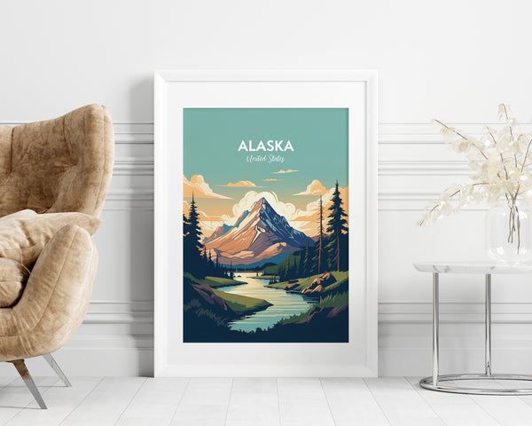 Alaska Travel Poster, Mountain Print, Mountains Wall Art, Alaska Print, Illustration Print, Vector Travel Print, Housewarming Gift, Wall Decor