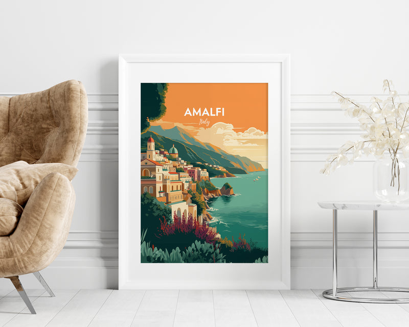 Amalfi Coast Travel Print, Amalfi Coast Poster, Italy Print, Positano Print, Positano Illustration Print, Vector Travel Print, Housewarming Gift, Wall Decor