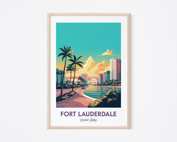 Fort Lauderdale Vintage Travel Poster, Retro Florida Wall Art, Beach Home Decor, Beach City Illustration Print, Vacation Travel Artwork