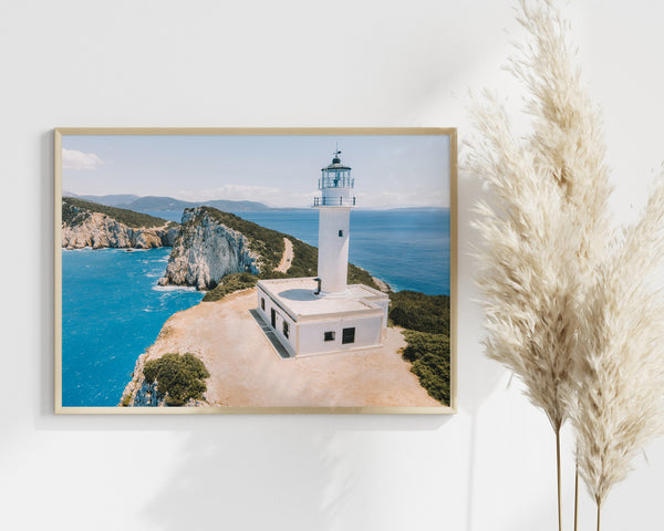 Greece Photography Travel Print, Lefkada Greek Island Aerial Lighthouse