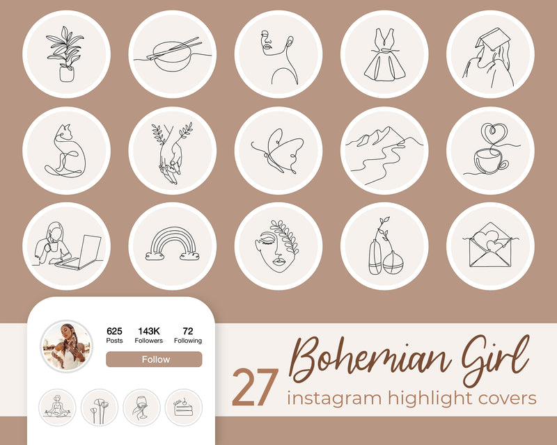Instagram Highlights Covers, Boho Line Art Social Media Icons, Neutral Story Minimalist Hand Drawn, Bohemian IG Beauty Lifestyle Insta Stories
