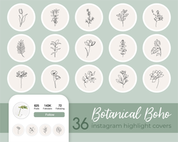 Botanical Instagram Highlight Icons, Boho Plants Hand Drawn Highlights, Floral Instagram Story Covers, Minimal Flowers Leaves Line Art Icons