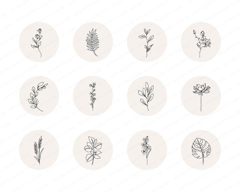 Botanical Instagram Highlight Icons, Boho Plants Hand Drawn Highlights, Floral Instagram Story Covers, Minimal Flowers Leaves Line Art Icons