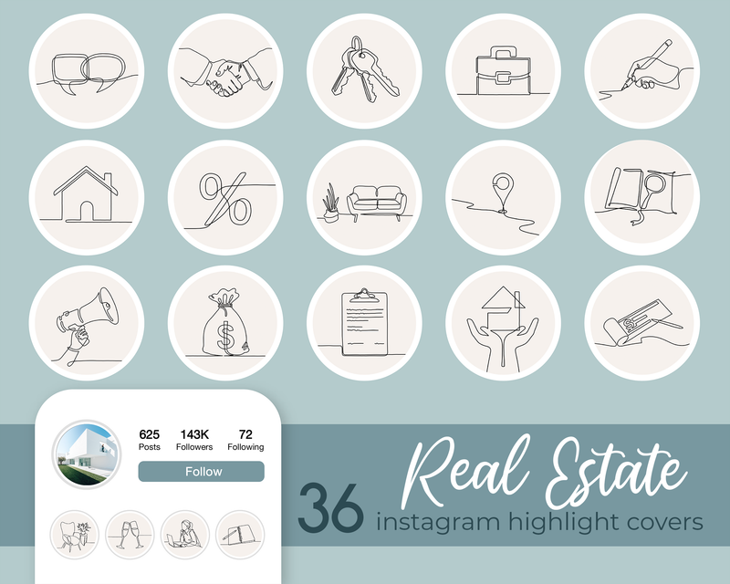 Instagram Highlights Covers, Realtor Neutral Social Media Highlight Stories, IG Story Icons, Hand Drawn Business Instagram Line Art