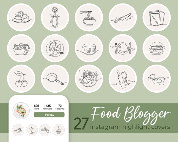 Food Restaurant Instagram Highlight Covers, Boho Line Art Icons, Neutral Instagram Stories, Story Highlights Hand Drawn IG Blogger Social Media
