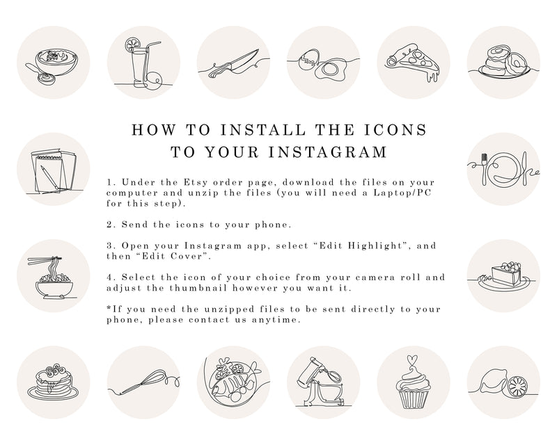 Food Restaurant Instagram Highlight Covers, Boho Line Art Icons, Neutral Instagram Stories, Story Highlights Hand Drawn IG Blogger Social Media