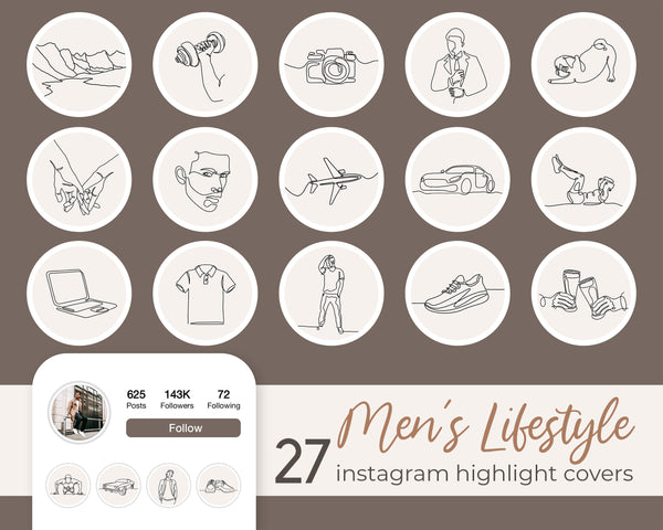 Instagram Story Highlight Covers Icons, Men Lifestyle Blogger Minimal Hand Drawn Line Art, Male IG Covers, Neutral Man Insta Stories Highlights