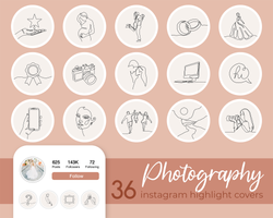 Photography Instagram Story Highlights, Boho Hand Drawn Highlight Covers, Photographer Instagram Stories, Beige Neutral Line Art Cover Icons