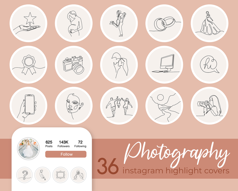 Photography Instagram Story Highlights, Boho Hand Drawn Highlight Covers, Photographer Instagram Stories, Beige Neutral Line Art Cover Icons