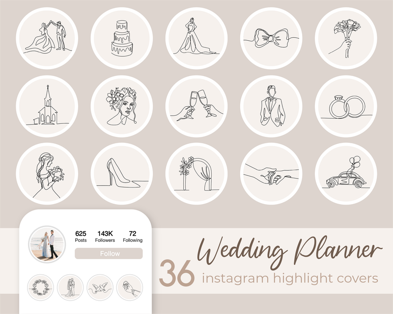 Wedding Instagram Highlight Covers Minimal Line Art IG Cover Insta Story Highlight Icons Cream Neutral Hand Drawn Wedding Highlights Stories