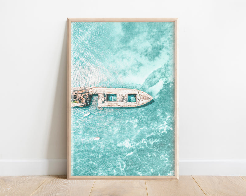 Aerial Print, Ocean Photography, Shipwreck Print, Blue Ocean Print, Sea Print, Ocean Waves