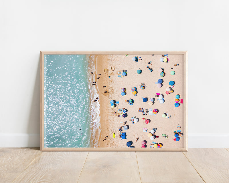 People Beach Umbrellas, Aerial Beach Print, Ocean Waves Art, Summer Vibes Wall Decor Art Print