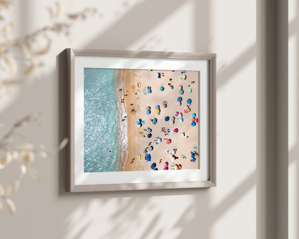 People Beach Umbrellas, Aerial Beach Print, Ocean Waves Art, Summer Vibes Wall Decor Art Print