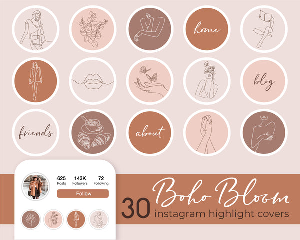 Instagram Highlight Story Covers, Boho Bloom Icons For Fashion Lifestyle Bloggers