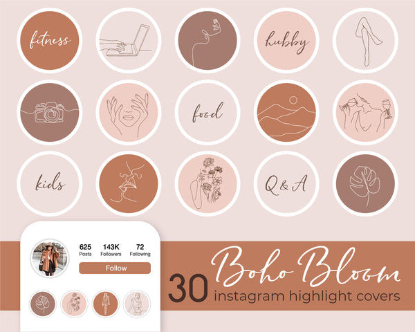Instagram Highlight Story Covers, Boho Bloom Icons For Fashion Lifestyle Bloggers